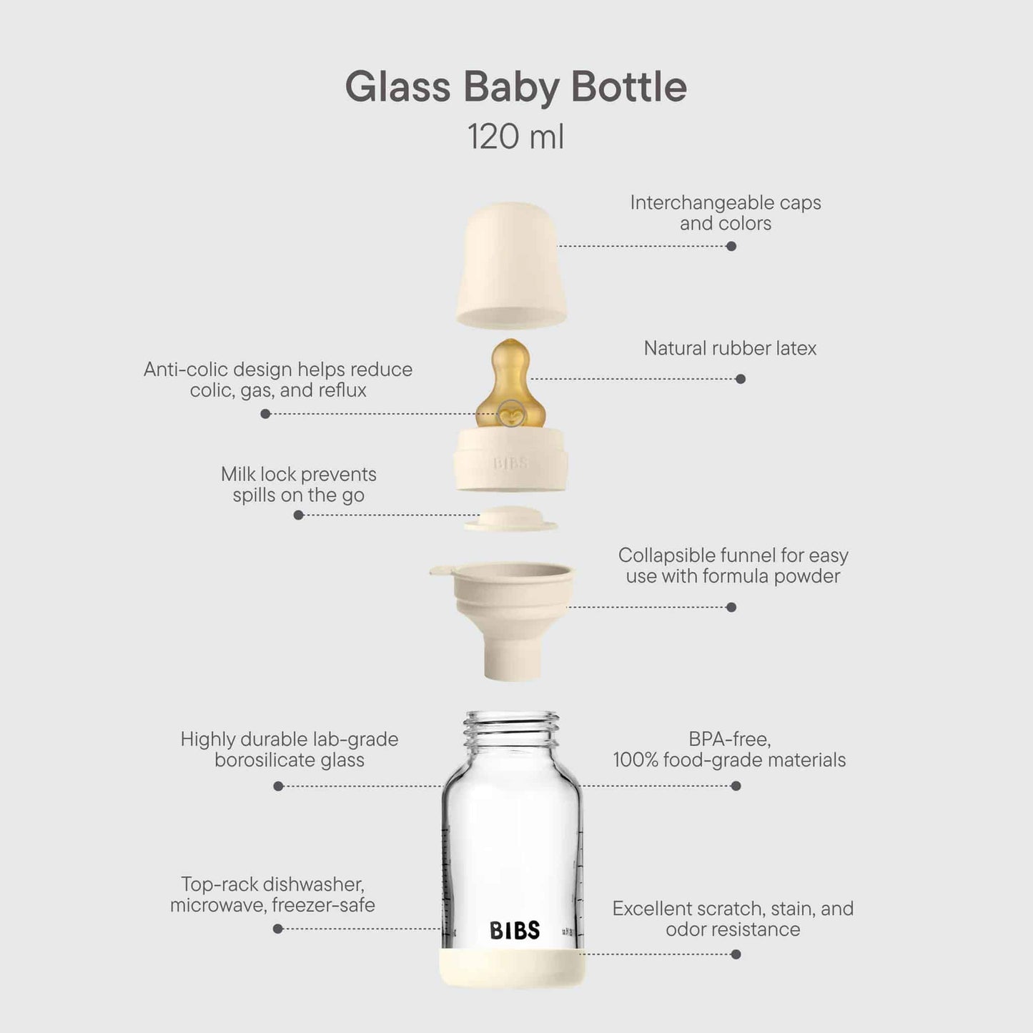 BIBS Glass, Latex Baby Bottle 120ml Description