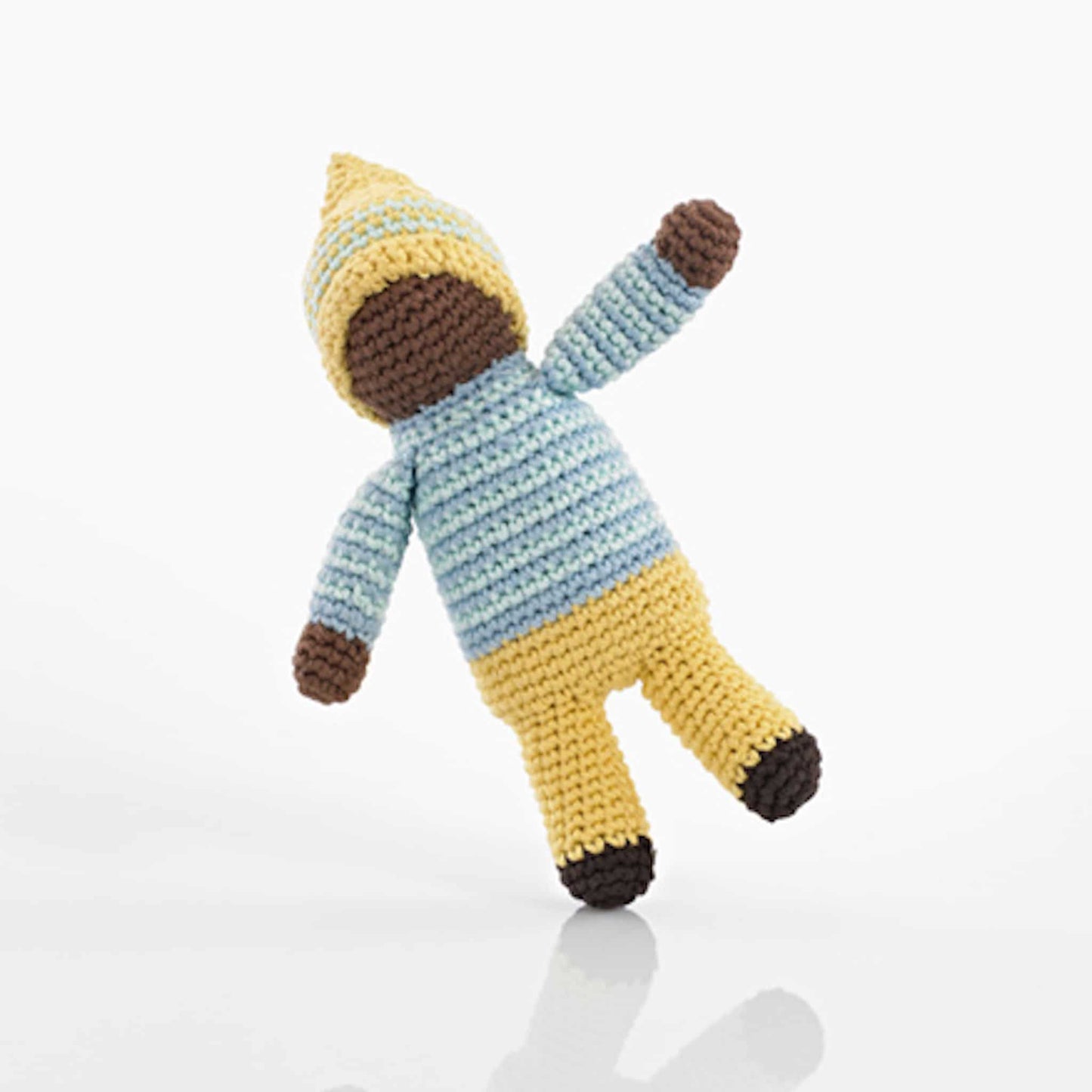 Pebble Crochet Pixie Cotton Baby Rattle Daffodil Yellow/Blue