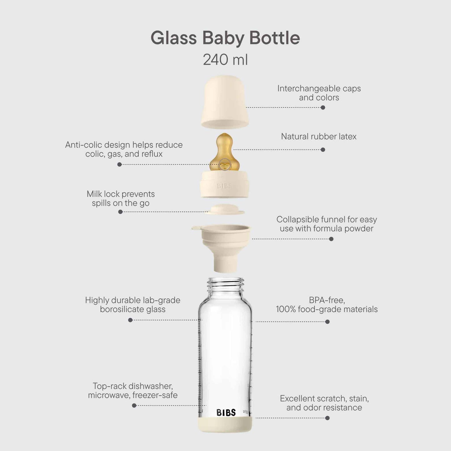 BIBS Glass, Latex Baby Bottle 240ml Description