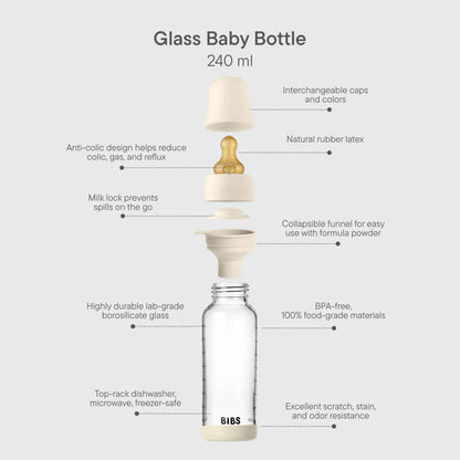 BIBS Glass, Latex Baby Bottle 240ml Description