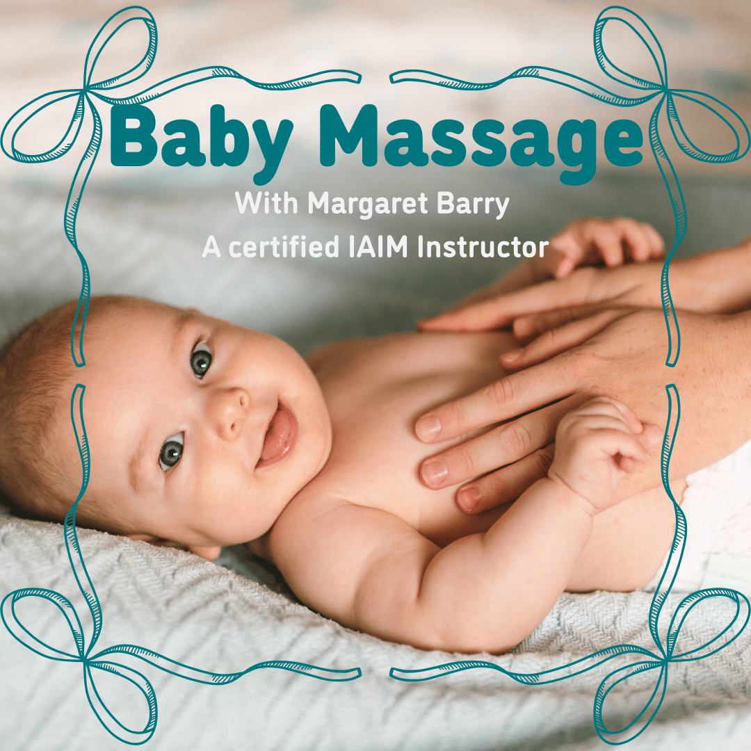 Baby lying on a blanket with text about baby massage and a certified instructor.