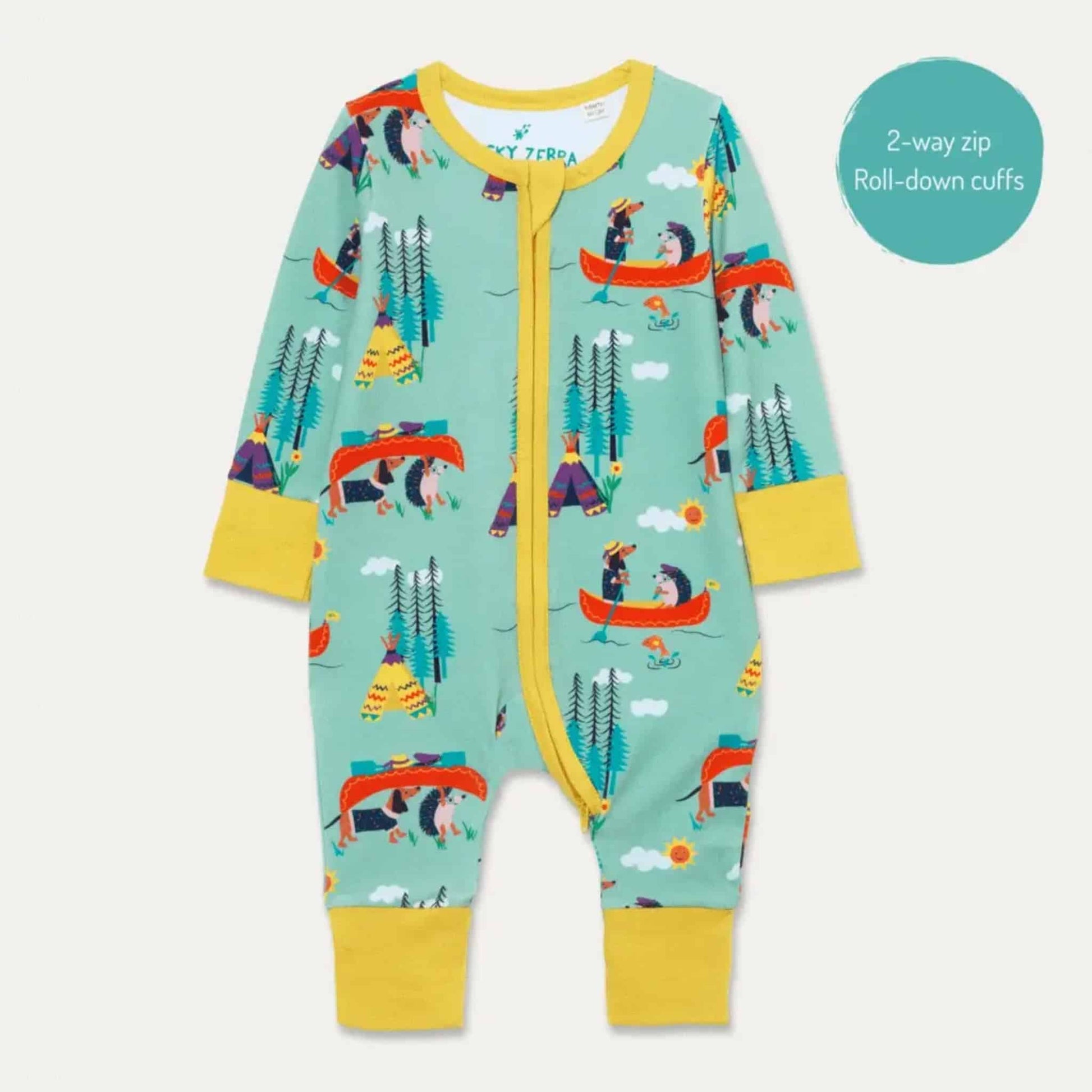 Ducky Zebra Zip up Sleepsuit Canoeing Dog and Hedgehog