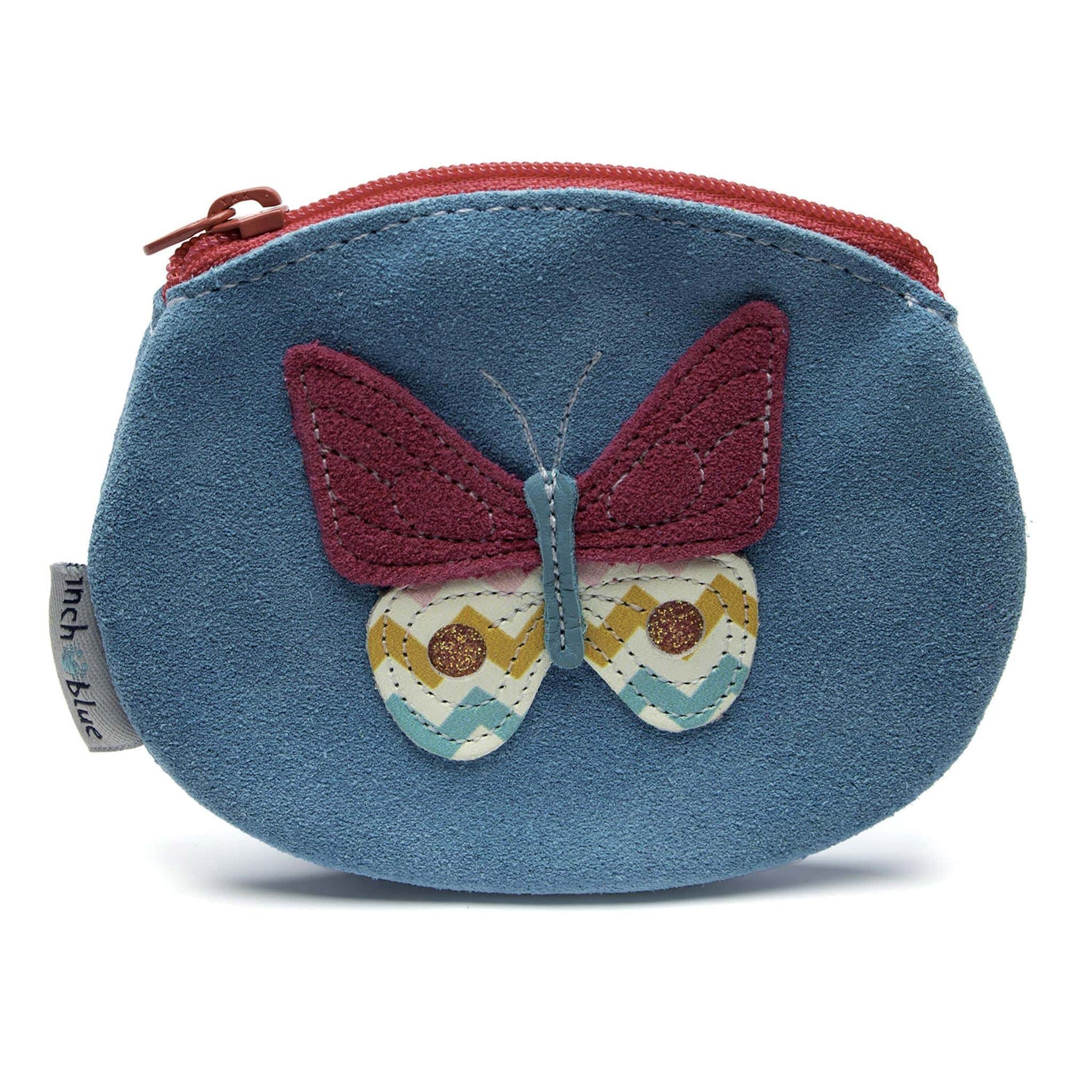 Inch Blue Suede Penny Purse Turquoise with Pink Butterfly (Papillon)