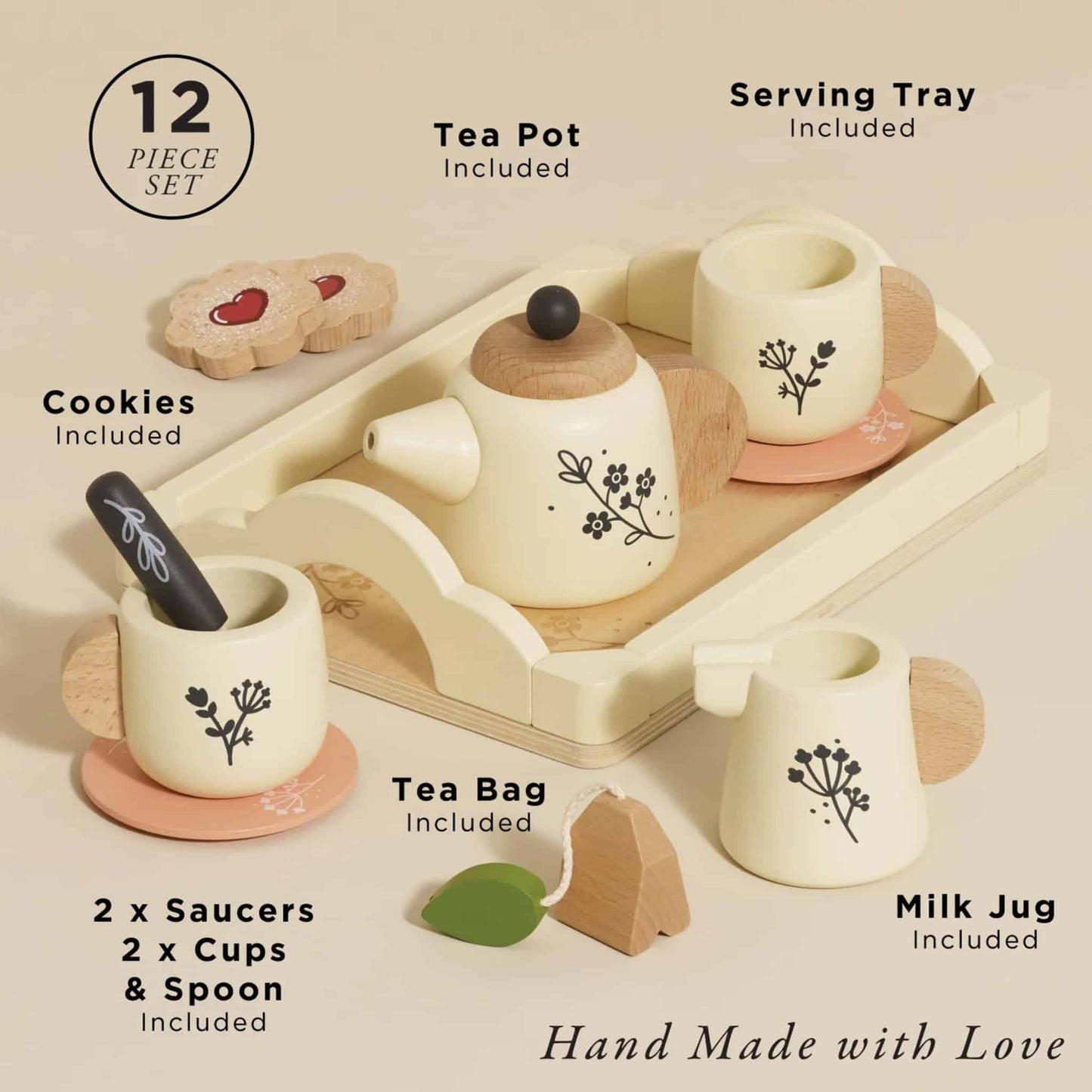 Le Toy Van Vintage Wooden Tea Set and Tray Contents