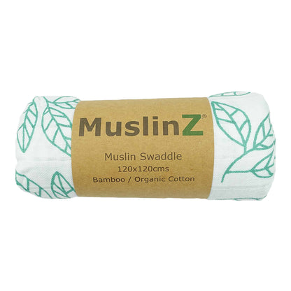 MuslinZ Bamboo/Organic Cotton Muslin Swaddle Aqua Leaf