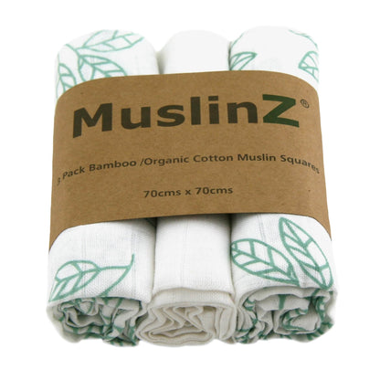 MuslinZ Bamboo/Organic Cotton Muslin Square Aqua Leaf
