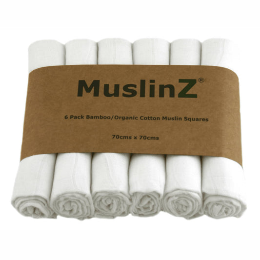 MuslinZ Bamboo/Organic Cotton Muslin Squares White 6 pack